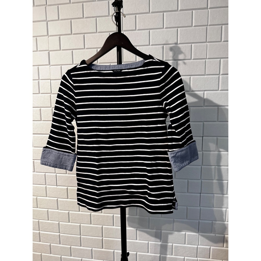 Nautica Womens Navy Blue White Striped 3/4 Sleeve Cotton Boat Neck Top Small